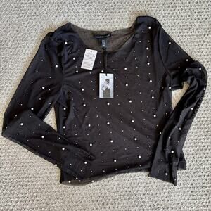 Womens Rhinestone Pearl Mesh See-through Long Sleeve Crop Tops Blouse Shirt Med